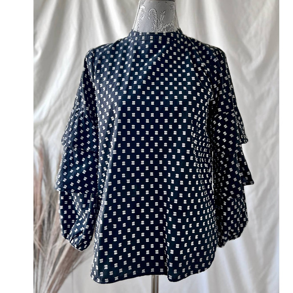 LOFT Petite Black and White Textured Ruffle Sleeve Cotton Blouse - Picture 7 of 7